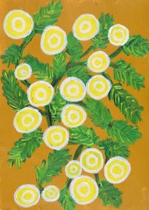 Kathrine ‘Kat’ Clarke (b. 1988) Gukwonderuk (Wotjobaluk) or Old Man’s Weed (Centipeda cunninghamii), 2018 acrylic and pencil on canvas 20.4 × 14.7 cm MHM2018.22, Medical History Museum © Kathrine Clarke.