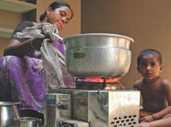 Mother and child in a South Asian kitchen
