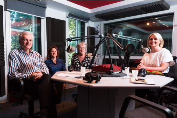 Image of Vice Chancellor Glyn Davis, Joanna Fletcher, Prof Germaine Greer and Mary Polis in a radio recording studio. 