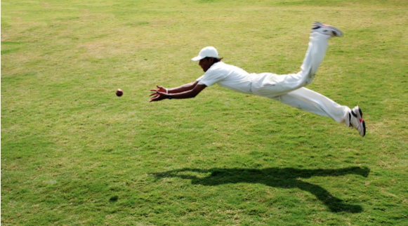 Image of a cricket fielder leaping to catch a ball in the air.