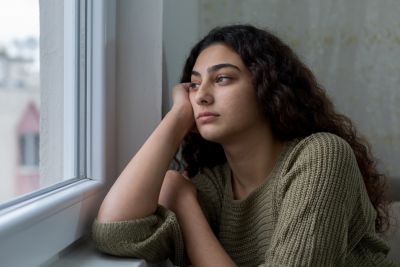 Woman looking out a window