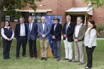 Staff from the Faculty of Veterinary and Agricultural Sciences stand outside with MP for Nicholls the Hon. Damian Drum