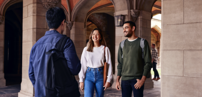 Three students in Old Quad, University of Melbourne