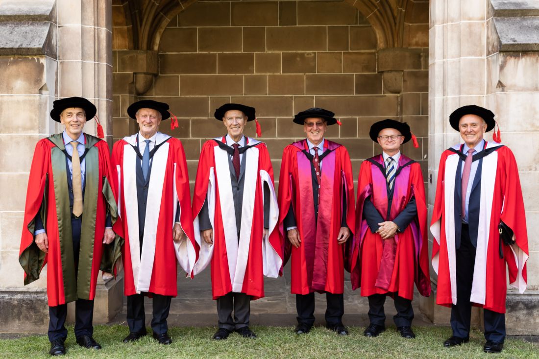 A group photo of the six recipients of University of Melbourne honorary doctorates