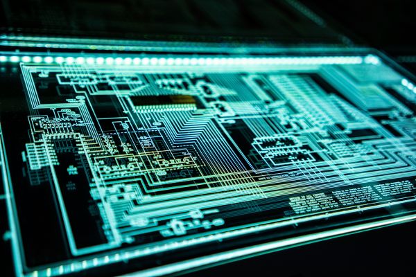 Glowing blue and black computer chip.