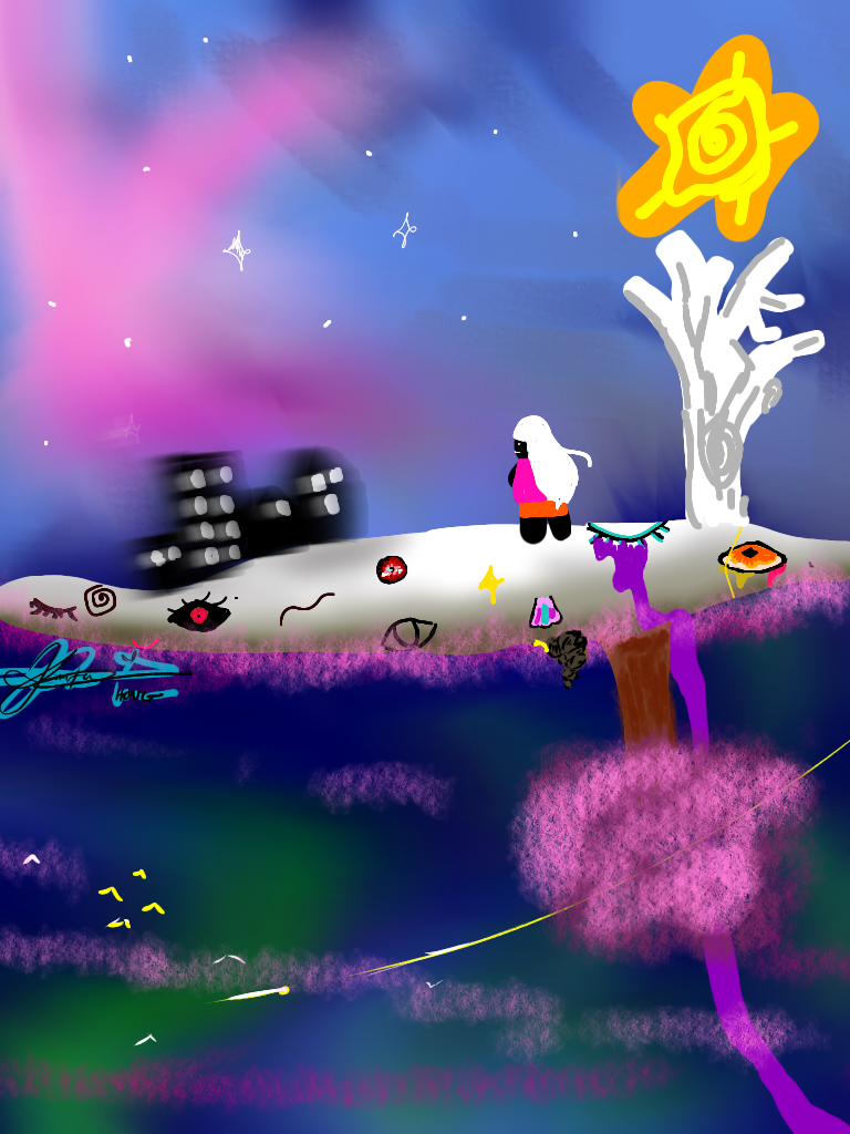 Digital artwork in a street art style shows a woman on a small dic of a world with a tree, star and city in the background