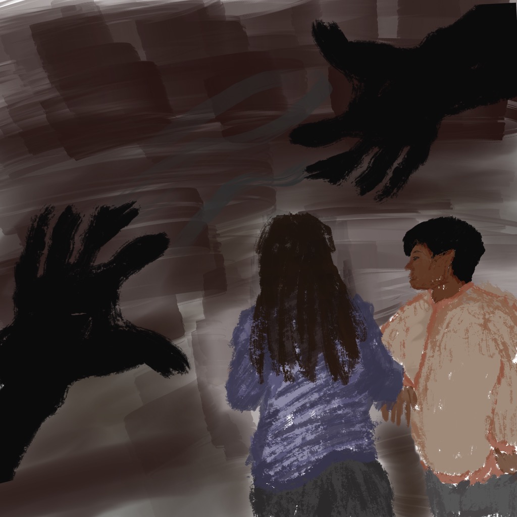 A painterly depiction of a woman with brown hair talking to a man with black hair while two shadow hands loom in at them