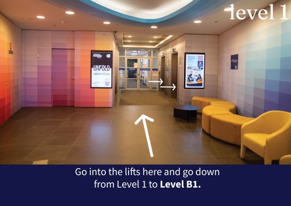 Step 2: Go into the lifts here and go down from Level 1 to Level B1.