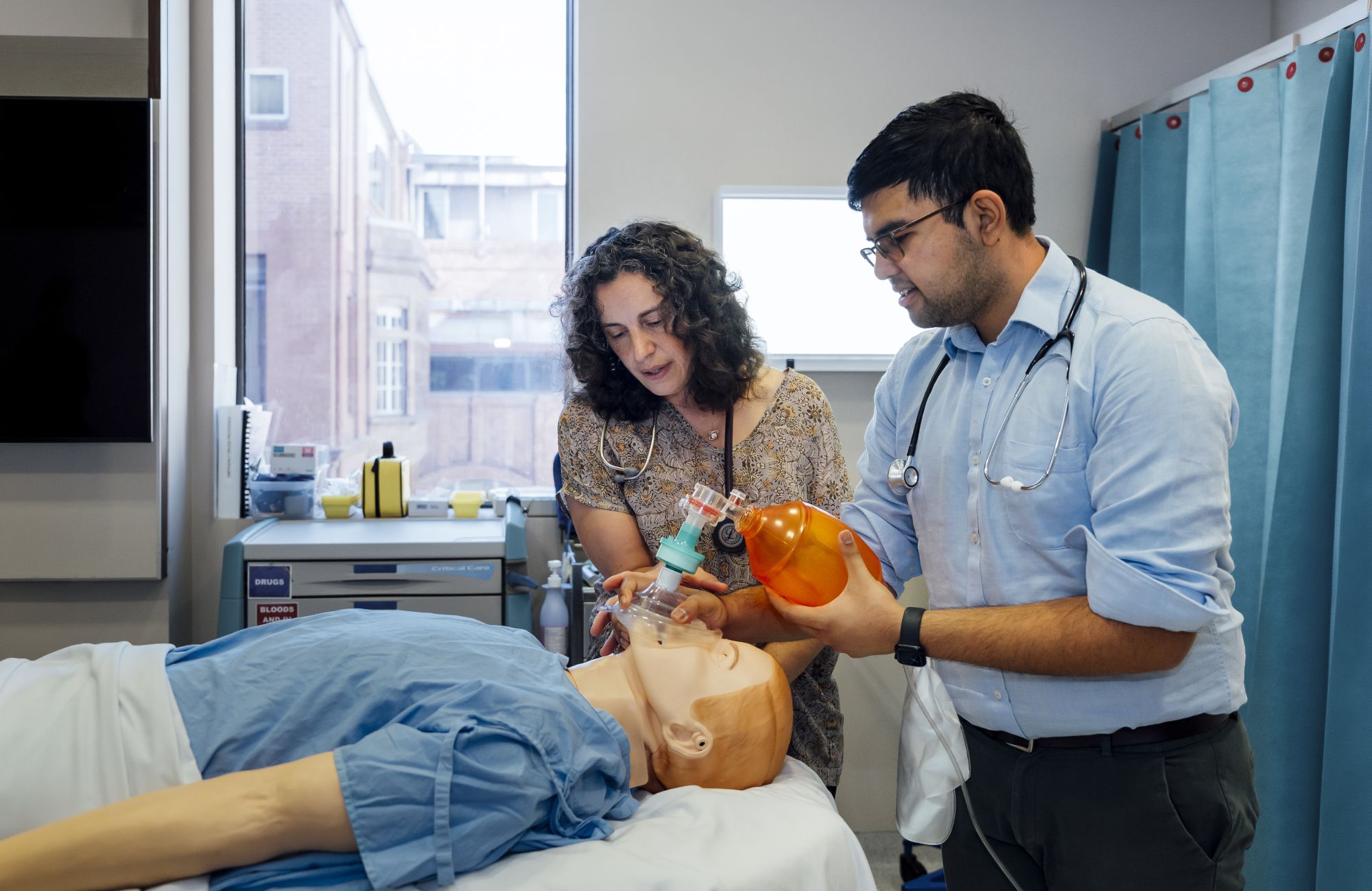 Clinical Schools: Dr Christine Sammartino and student Farhan Islam practice airway management on a dummy at St Vincent's Clinical School. Image by Wren Steiner.