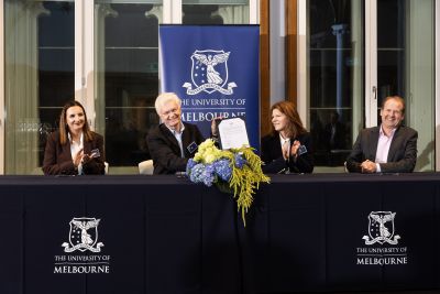 L-R: Katerina Kapobassis, Vice President (Finance and Administration) and Chief Operating Officer, Professor Glyn Davis, Interim Vice-Chancellor, Valerie Singer, General Manager, Global Education, Amazon Web Services and Professor Mark Cassidy, Deputy Vice- Chancellor (Research). Image: Peter Casamento