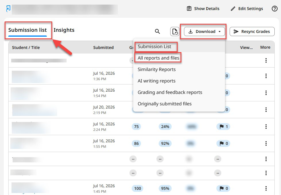 Screenshot of Turnitin submission list interface with a "Download" dropdown menu open, showing options like ‘reports and files’.