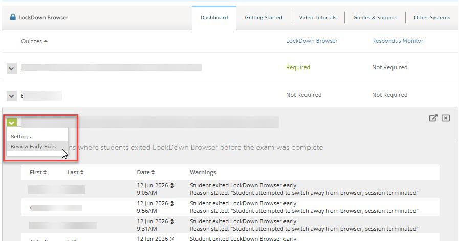 Screenshot of LockDown Browser dashboard showing the quiz list and a "Review Early Exits" menu with a table of exit warnings.