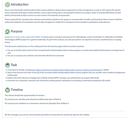 Figure 5: Screenshot excerpt from third LMS page of asynchronous learning sequence with Discussion activity (contextualised) requiring student collaboration and knowledge creation drawn from sub-topic understanding. The sequence then ends with a practice quiz.