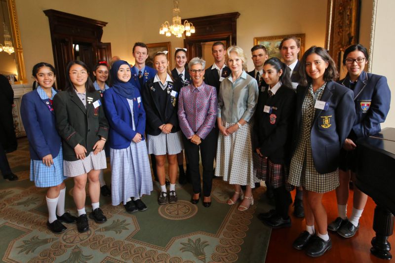 Her Excellency the Honourable Linda Dessau AC Governor of Victoria (L), Hansen Scholarship Program founder Jane Hansen pictured with high school students at Government House.