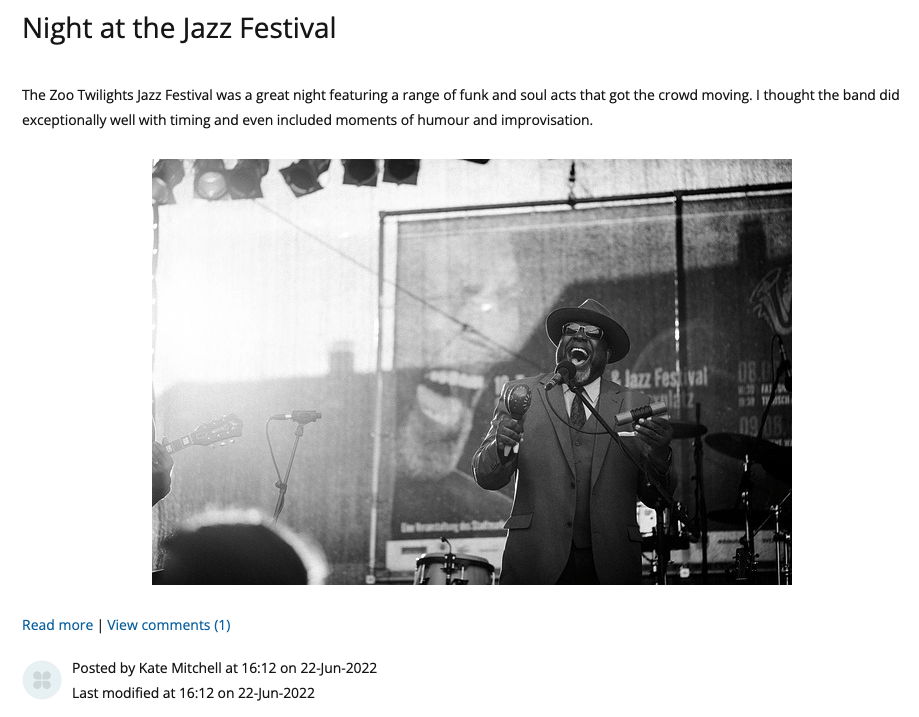 Figure 3: Example of students creating a blog post in PebblePad Image of jazz musician in a blog post