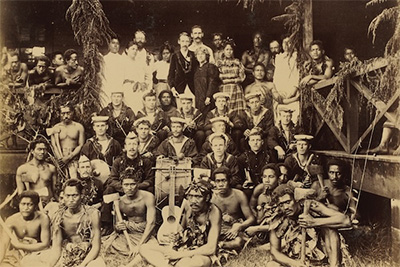 Black and white photo of a ship's crew visiting Vailima, outside Apia, in Sāmoa in the 1890s