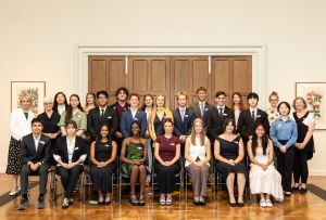 The 2025 Hansen Scholars with University of Melbourne Chancellor and Program patron Ms Jane Hansen (middle row, far left, University of Melbourne Vice-Chancellor Professor Emma Johnston (middle row, second left) and Program Director Dr Gayle Allan (back row, far right). Picture: Drew Echberg.