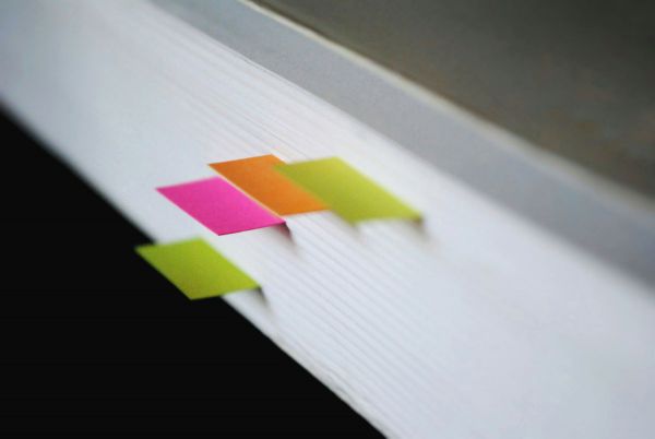 Close up photo of some page markers in a book