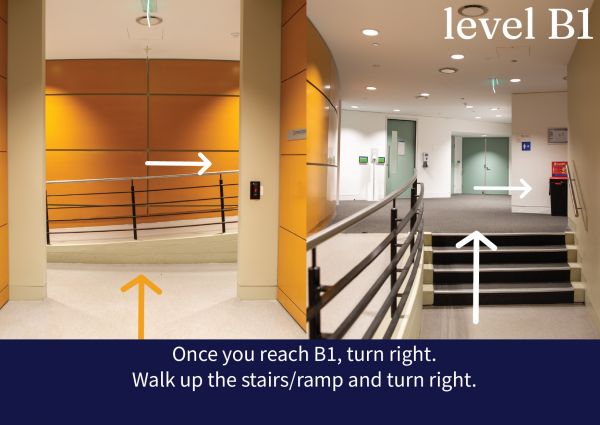 Step 3: Once you reach B1, turn right. Walk up the stairs/ramp and turn right. 