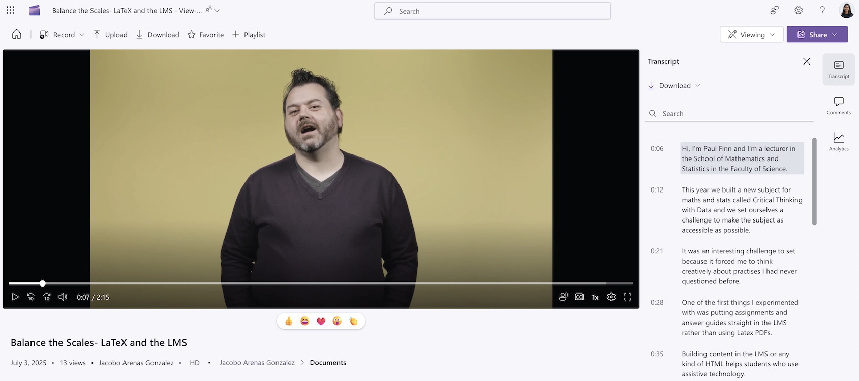 Screenshot of an overview of OneDrive with the video on the centre section of the screen. Transcript panel on the right side is open with captions being shown alongside the timestamps of the video.