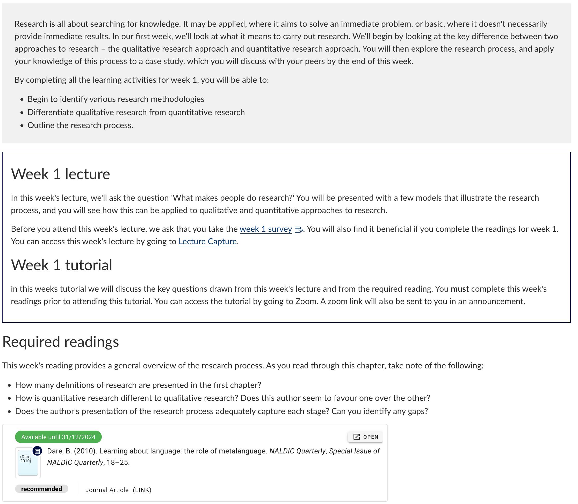 Figure 5.1: A page that introduces students to the week’s learning activities and content Screenshot of Canvas interface