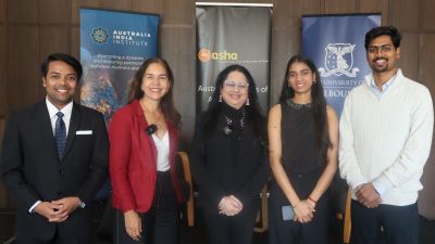 L-R: Asha alumni Tushar Joshi, Australia India Institute (AII) CEO Lisa Singh, Asha founder Dr Kiran Martin, Asha scholarship recipient Nancy, and Asha alumni Chandan Singh in Melbourne at an Asha and AII partnership event. Photo credit: Laura Hooper