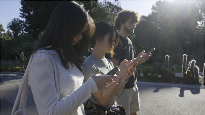 Three students walk through public gardens looking at their phones.
