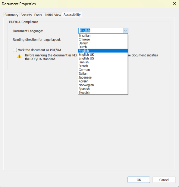 The Document Properties window in Nitro PDF Pro, which allows you to add a language. A screenshot of a ‘document properties’ dialog box. Under ‘document language’ several languages are listed, including English whcih is highligthed.