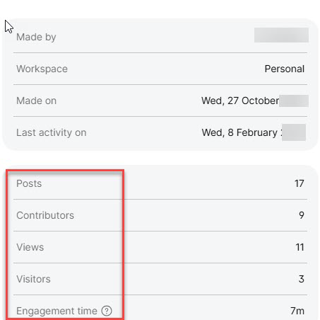 Screen shot of Padlet information panel showing workspace details and statistics: posts, contributors, views, visitors, and engagement time