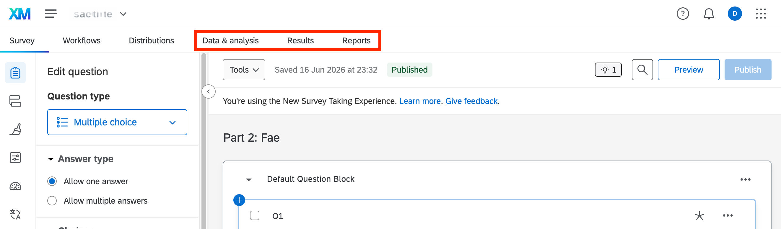Screenshot of Qualtrics survey platform showing the Reports tab highlighted, with a bar chart summary of the 233 responses