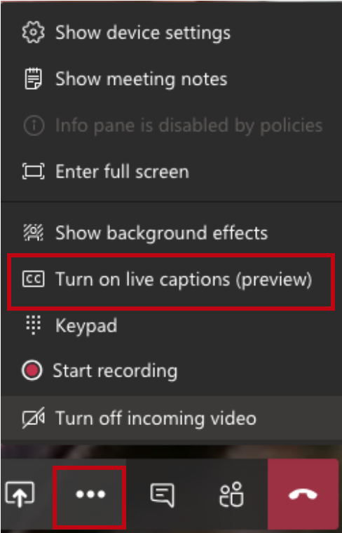 More actions menu with option to turn on live captions