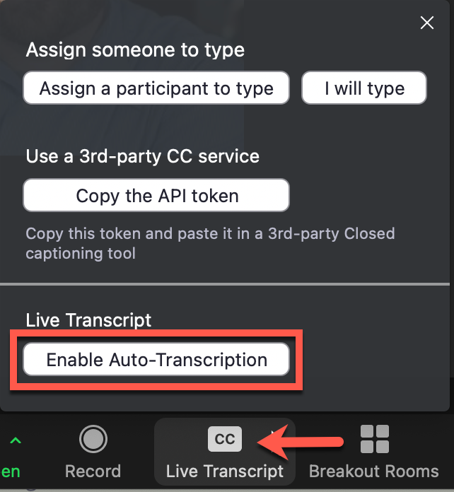 Screenshot showing options available after clicking the CC button