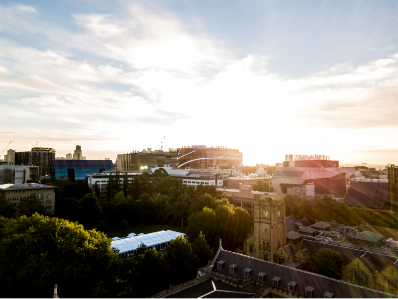 Aerial shot of the sun setting over the University of Melbourne Old Quad and biomedical precinct