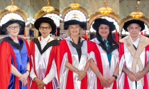 L-R: Associate Professor Martha Macintyre, Professor André de Quadros, The Hon Nicola Roxon, Dr Kiran Martin, Uncle Paul Briggs AO; conferred Honorary Doctorates by the University of Melbourne.