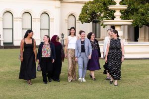 Cr Samantha Choudhury, Dr Sarah Bray, Yasmin Hassen, Bronwen Bock (Candidate for the Senate), Dr Caitlin Fitzgibbon, Emily Corcoran, Lucy Bradlow (Candidate for the Senate), Jackie Carter (Candidate for Kooyong) at the 10th anniversary celebration of Pathways to Politics. Image credit: Peter Casamento