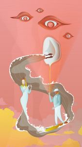 A surrealist-style an illustration of a woman making a love heart with her hands and a man holding a balloon that looks like an ear are watched over by four all-seeing eyes
