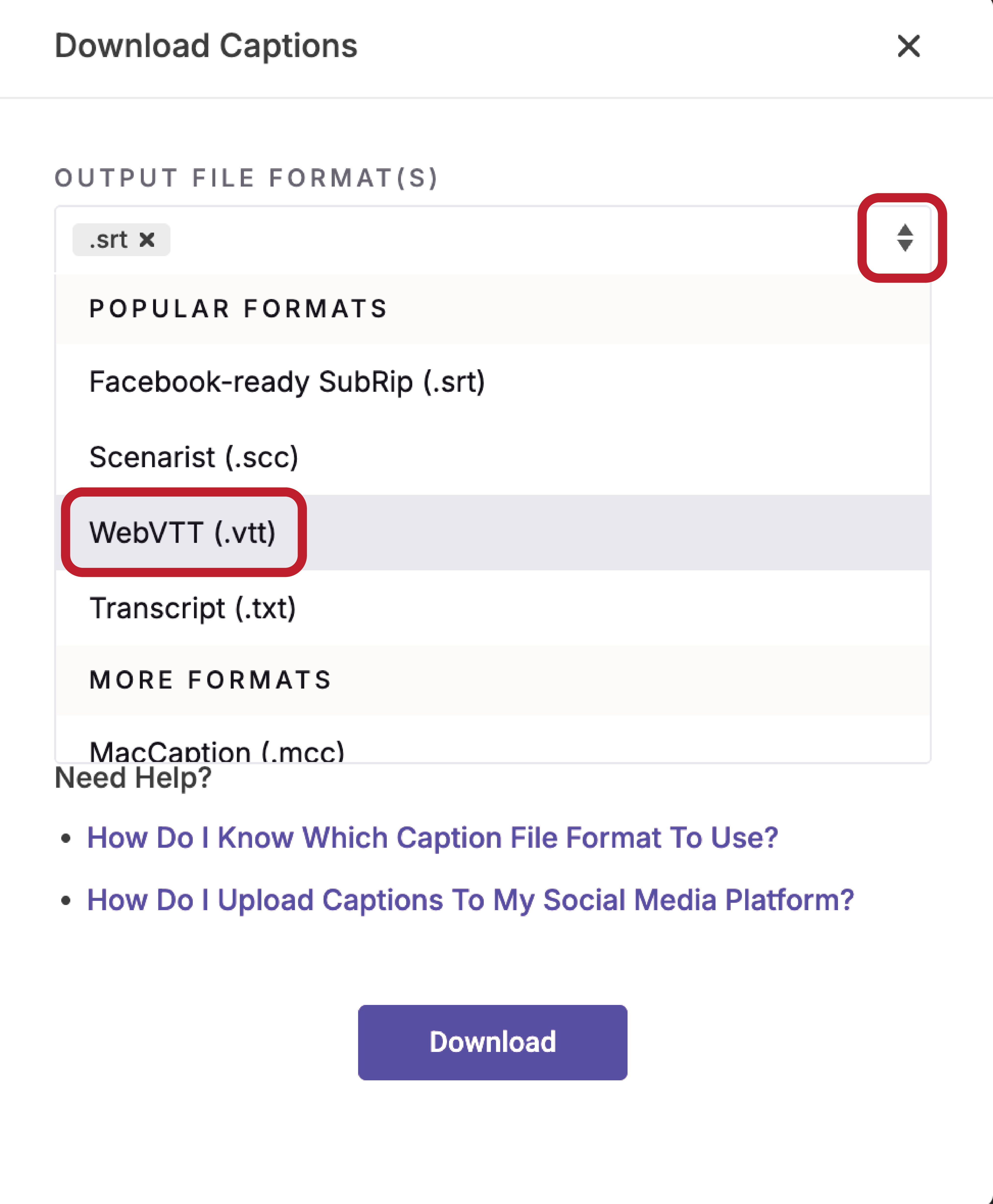 Download box for changing captions output file format. Drop down menu selected and circled. In the drop down menu, the second row ‘WebVTT (.vtt)’ is selected and circled in red.
