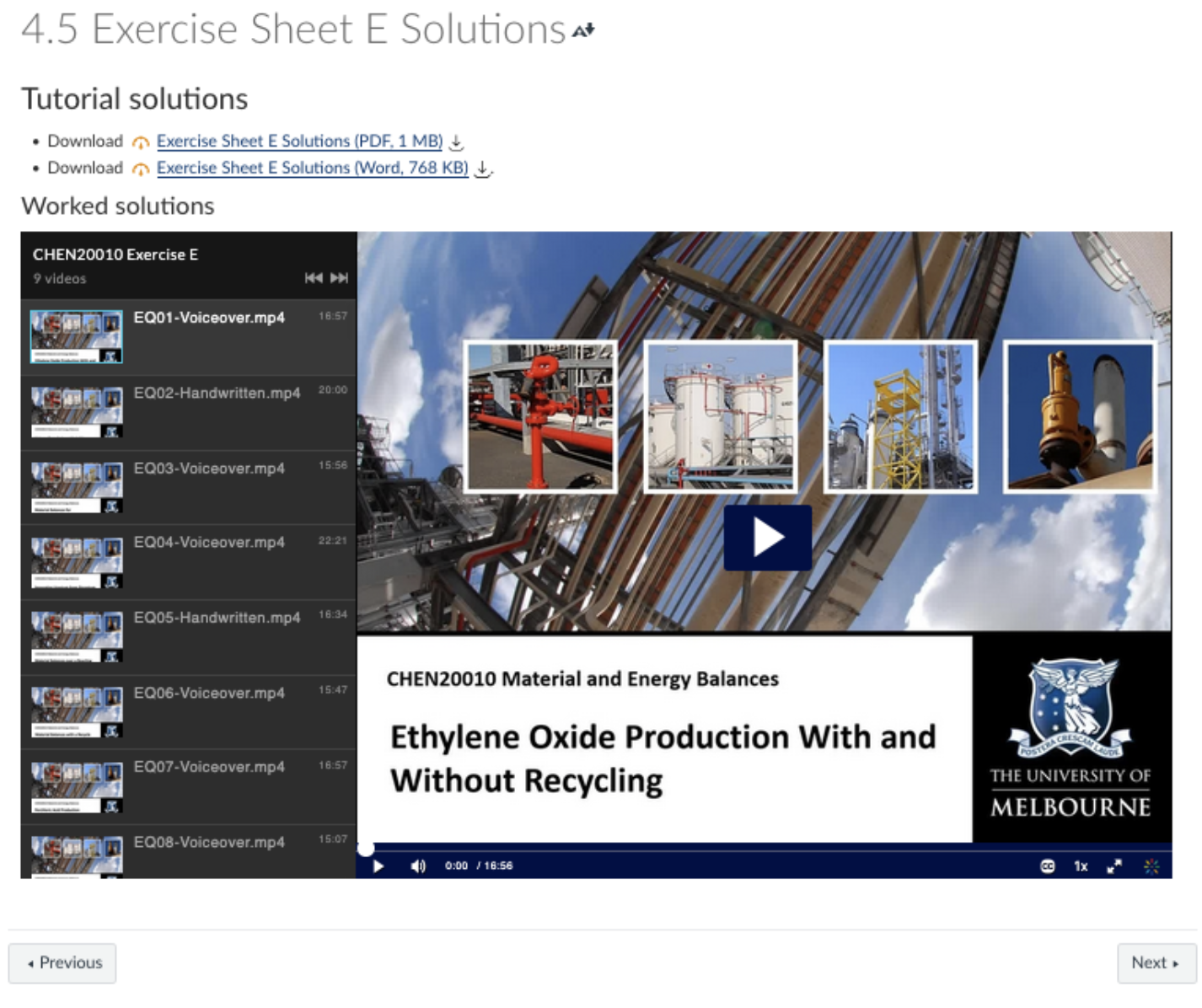 Figure 7. A Canvas page embedding a playlist of videos A screenshot of a Canvas page called Exercise Sheet Solutions. The worked solutions are available in Word, PDF and in a series of videos. It’s possible to click on one video for each question, and all the videos have closed captions available.