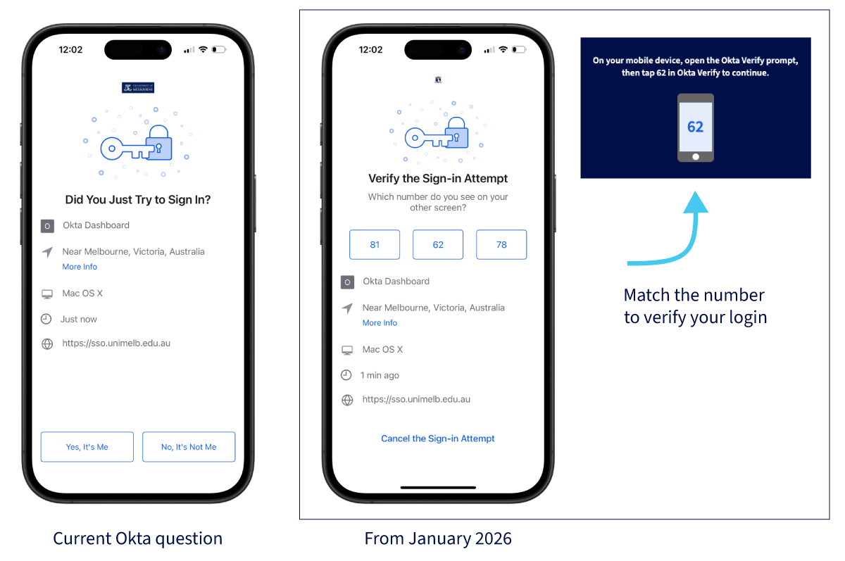 Screenshots showing the old Okta push notification next to the new version which now requires you to match the number in your web browser with the three options in the push notification