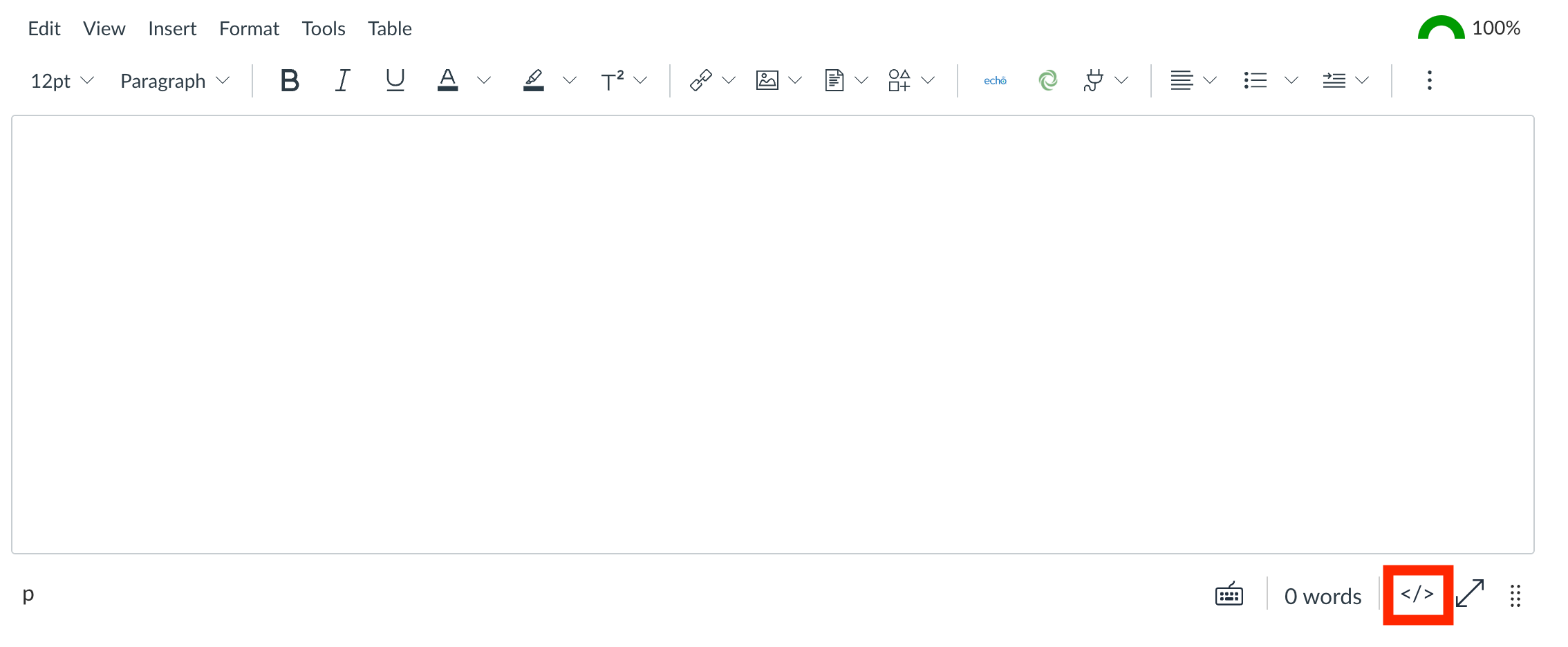 Figure 8.2: HTML editor icon highlighted Screenshot of Canvas interface - rich text editor