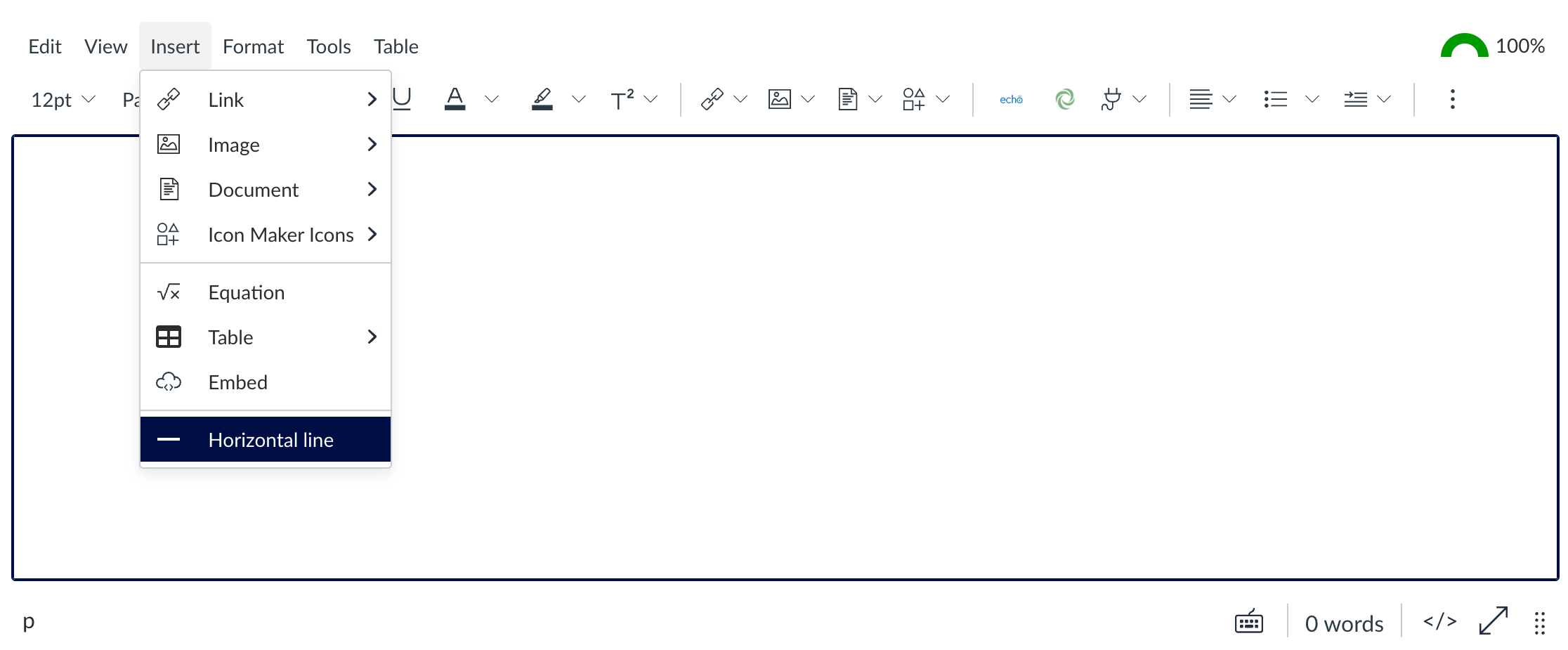 Figure 8.11: Adding a horizontal line Screenshot of Canvas interface - setting horizontal line from the insert menu
