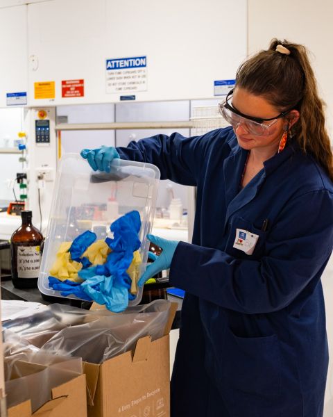 Person disposing of used laboratory gloves into a collection box