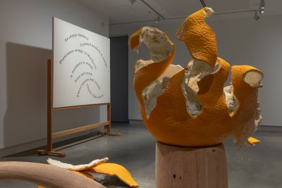 Installation view of Poetry goes no further than language: A historical moment of art becoming art again, Buxton Contemporary, the University of Melbourne. Featuring Darcey Bella Arnold, A Pipe is not a Poem 2026, and Orange Mandarin 2026. Courtesy the artist. Photography by Christian Capurro.