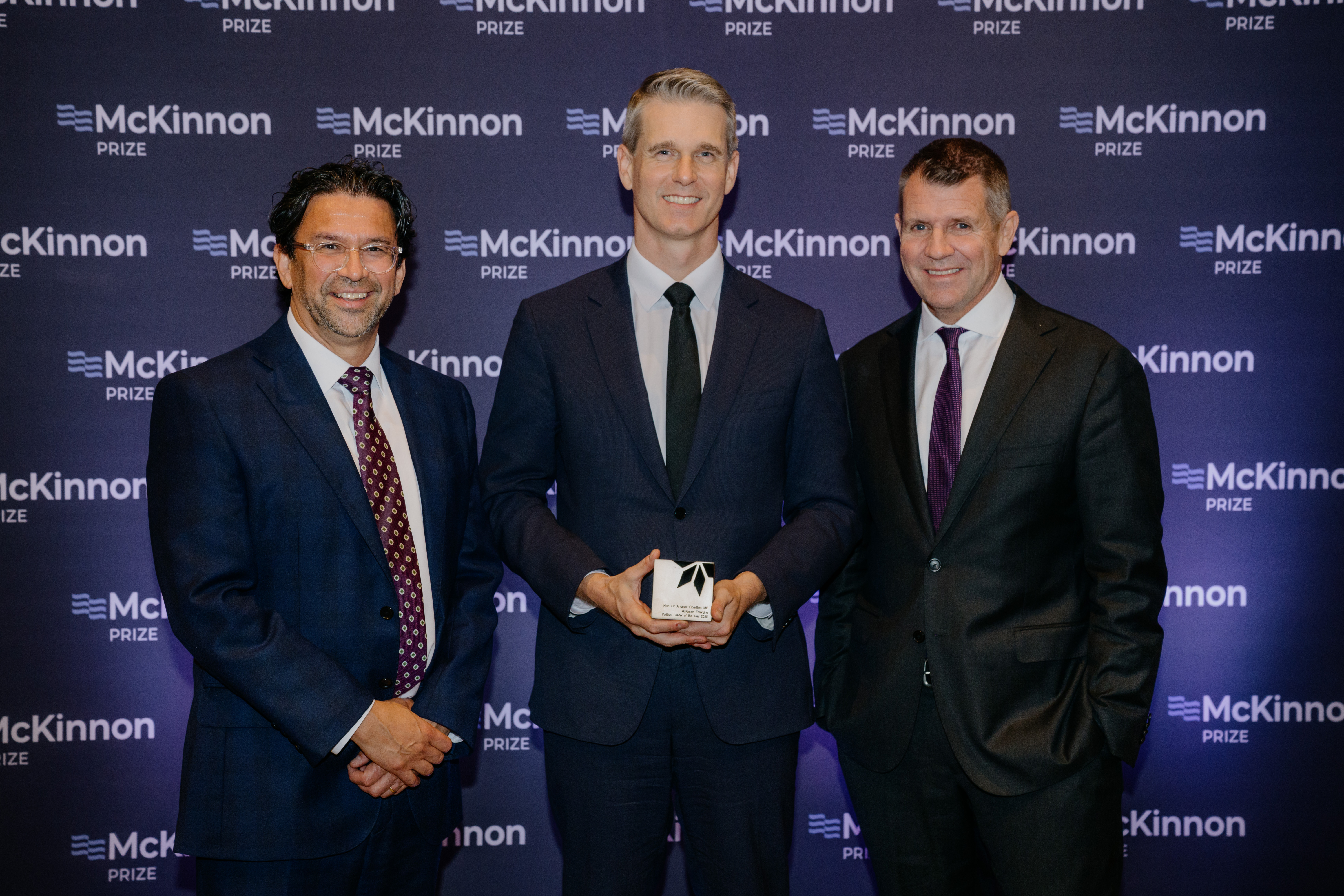L-R: DVC(GCE) Professor Michael Wesley, 2025 McKinnon Prize Emerging winner Hon Dr Andrew Charlton MP, McKinnon Board Member Mike Baird.