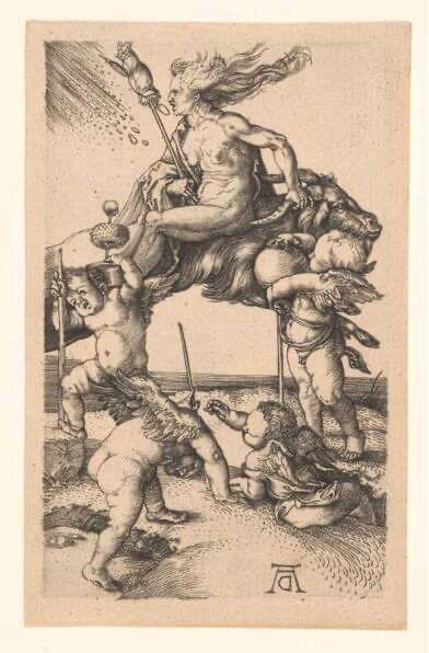 Witch riding backwards on a goat' (c.1500) by Albrecht Dürer.