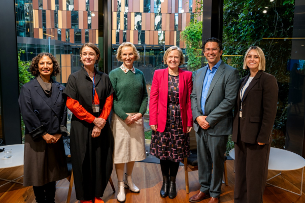 L-R: Padmini Sebastian, Director of Engagement and Partnerships, University of Melbourne; Professor Sara Wills, Pro Vice-Chancellor (Culture and Engagement), University of Melbourne; Jane Hansen AO, Chancellor, University of Melbourne; Professor  Verity Firth AM, Chair of Engagement Australia and Vice-President (Societal Impact, Equity and Engagement), UNSW ; Professor Michael Wesley, Deputy Vice-Chancellor (Global, Culture and Engagement), University of Melbourne; and Lisa Aitken, Executive Manager, Community Engagement and Impact, University of Technology Sydney. Picture: David Darlington