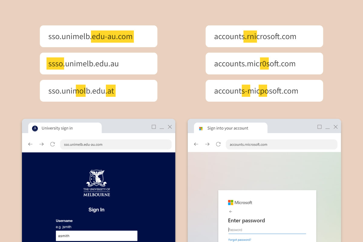 Screenshot of domain spoofing where attackers use similar characters to direct you to a fake website. For example they replace the m in Microsoft with the letters r and n which look like an m when you read it quickly