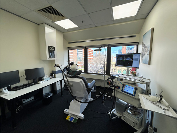 A chair and equipment at a Brain Stimulation lab.