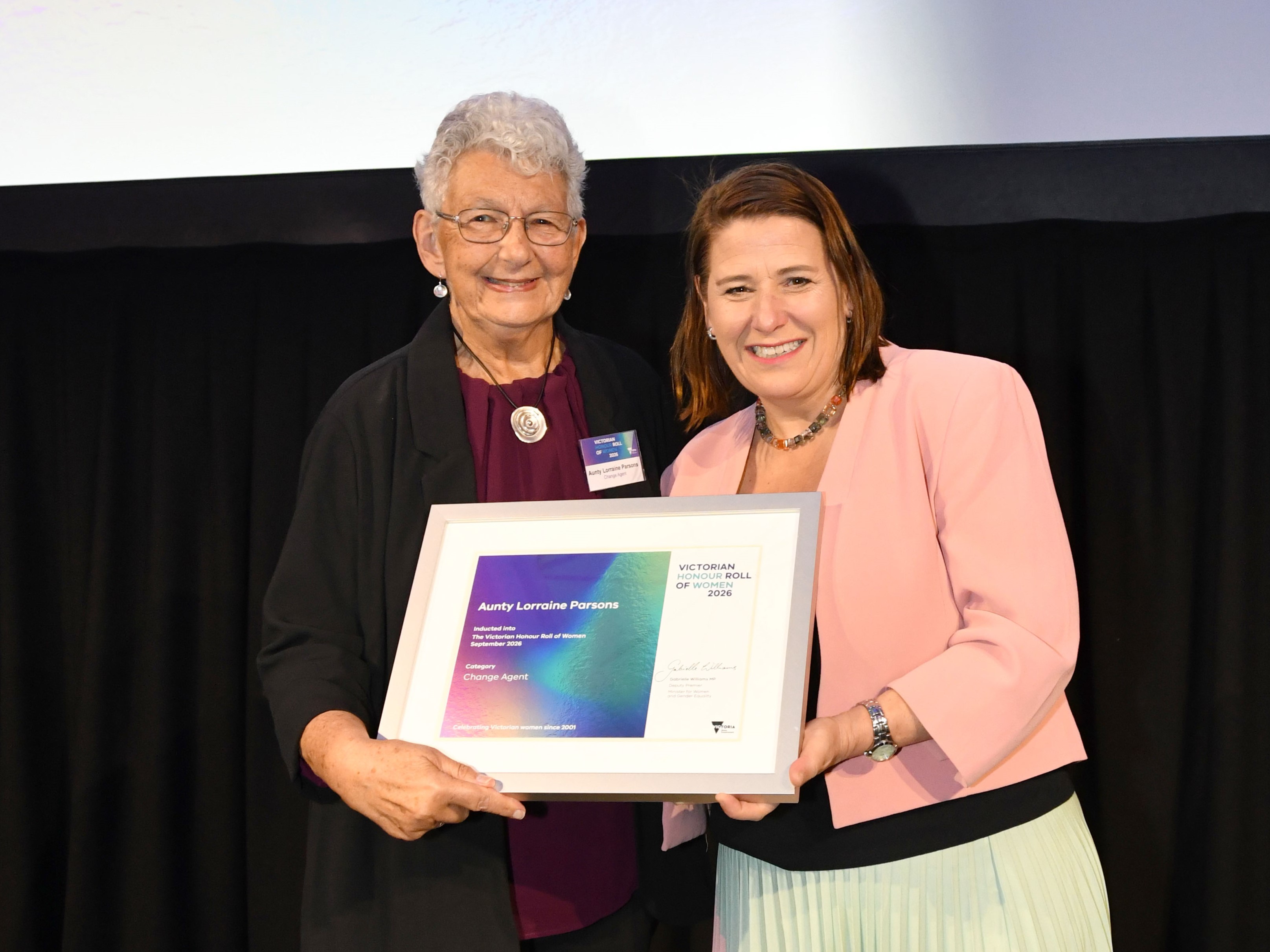 Aunty Lorraine Parsons with Juliana Addison MP, Chair of the Victorian Honour Roll of Women Assessment Panel. Image credit: Department of Families, Fairness and Housing