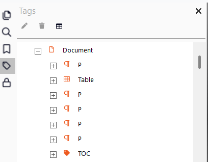 The Tags panel in Nitro with expandable parent tags A screenshot of tags in Nitro Pro. This includes a parent tag document at the top, with child nodes underneath in order: P, Table, P, P, P, P, TOC.